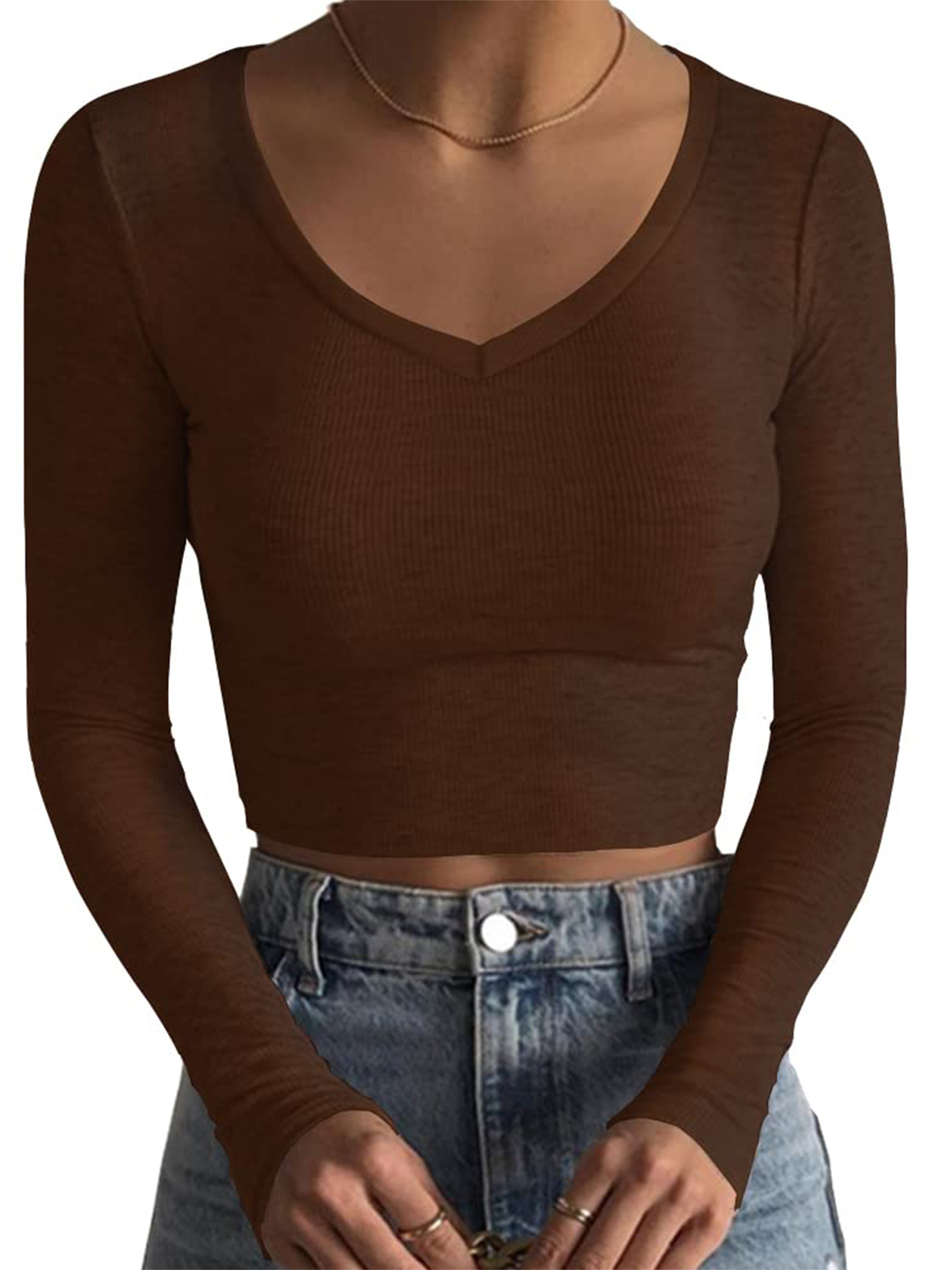 Sunisery Women's Ribbed Knit Long Sleeve V Neck Crop Top Slim Fitted Basic  T-Shirts Casual Skinny Shirt Streetwear Brown M - Walmart.com