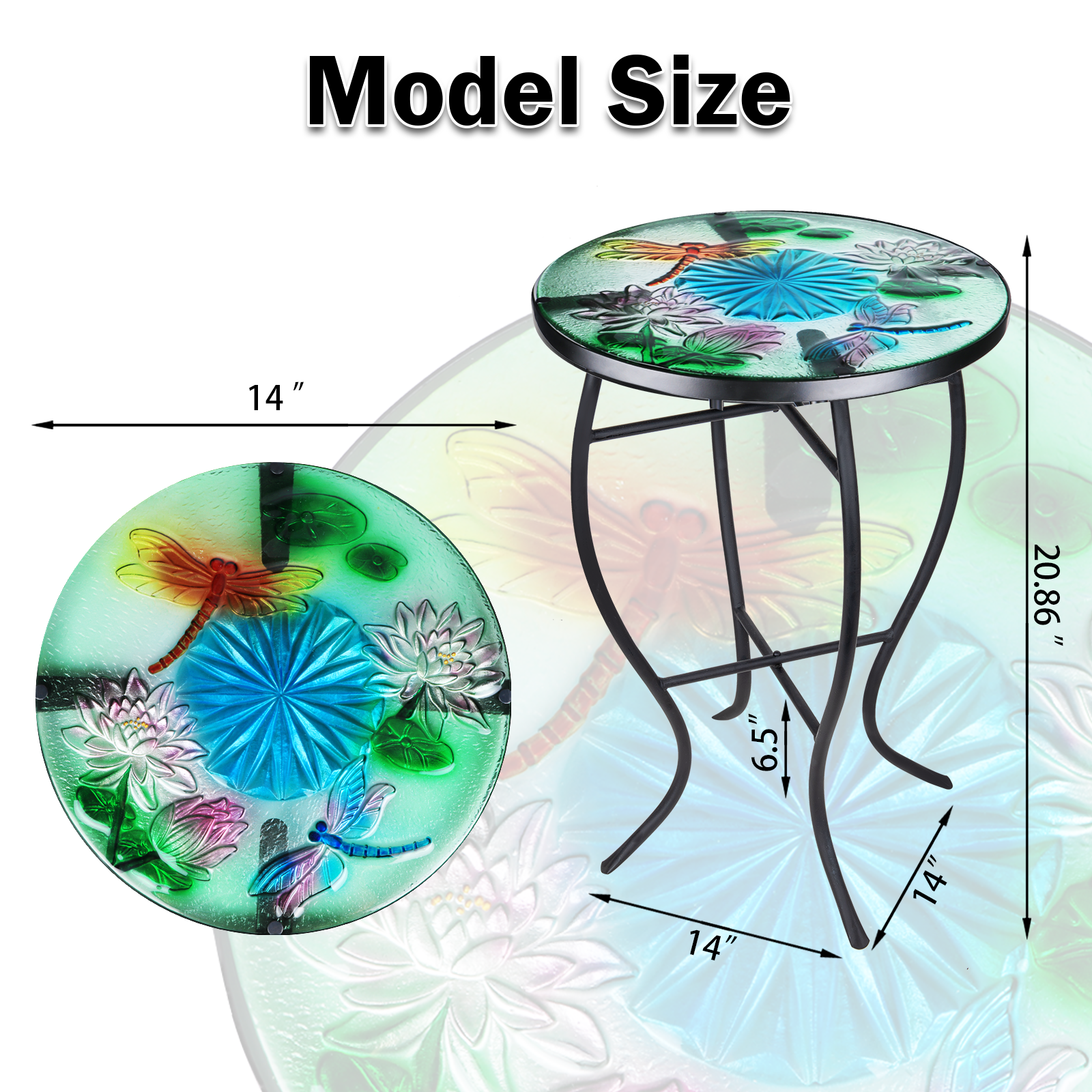 Wonder Garden Outdoor Side Table for Garden, Indoor Small Accent Coffee Table Plant Stand Round Glass Table for Balcony, Lawn, Patio, Dragonfly