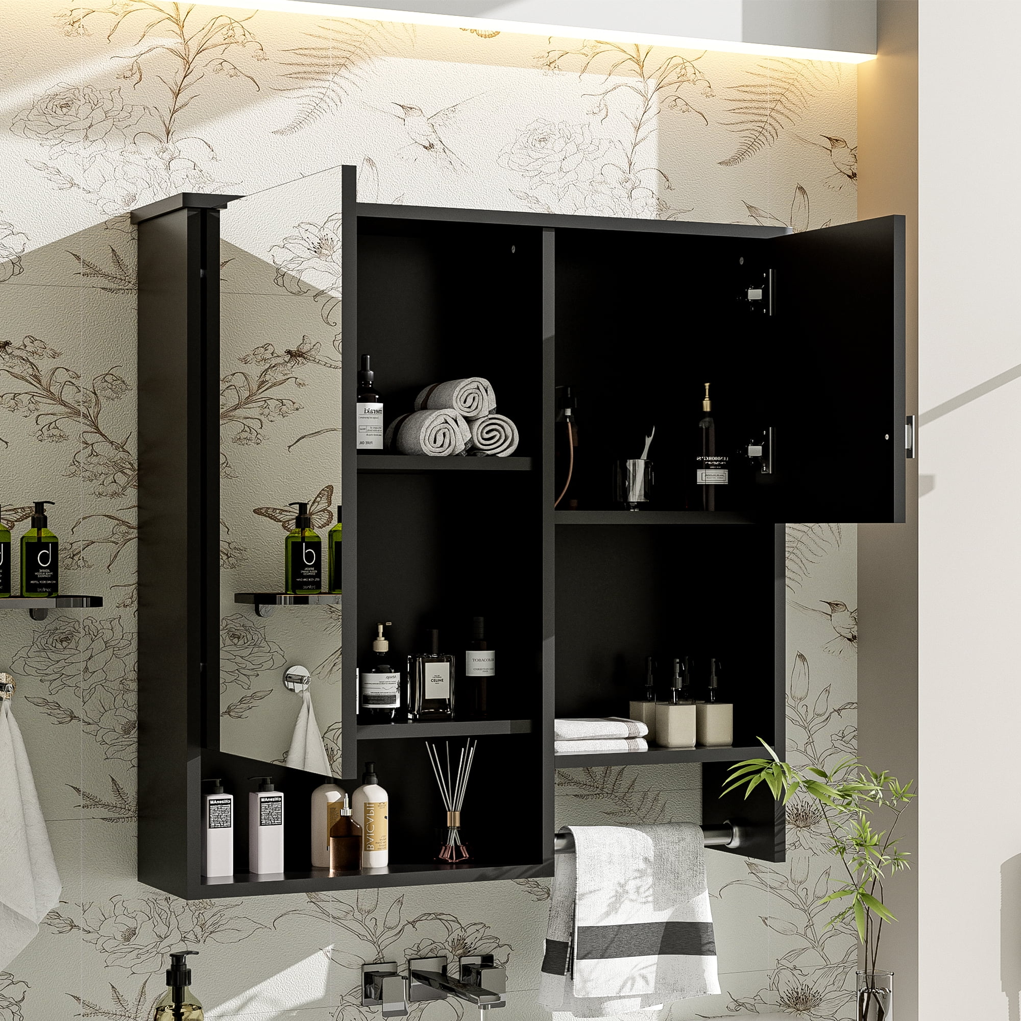 MAYEERTY 29'' x 28'' Modern Wall Mounted Bathroom Medicine Cabinet with Mirror, Over Toilet Space Saver with Towel Bar