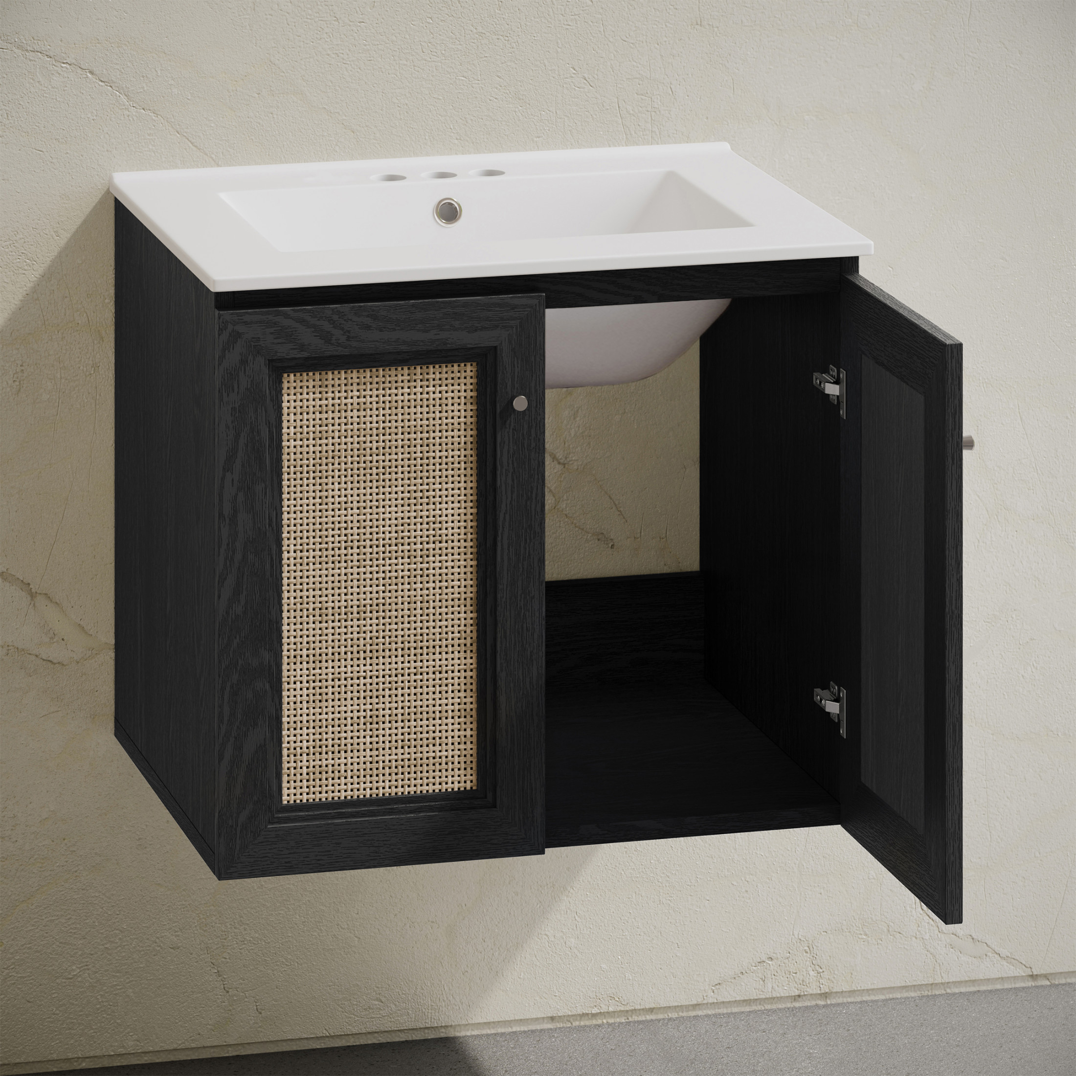 Classe 24" Wall-Mounted Bathroom Vanity in Black Oak with Centerset Faucet Holes Vanity Top
