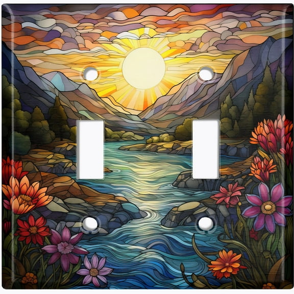Metal Light Switch Wall Plate Outlet Cover (Printed Image of Stained Glass River with Sunset - Double Toggle)