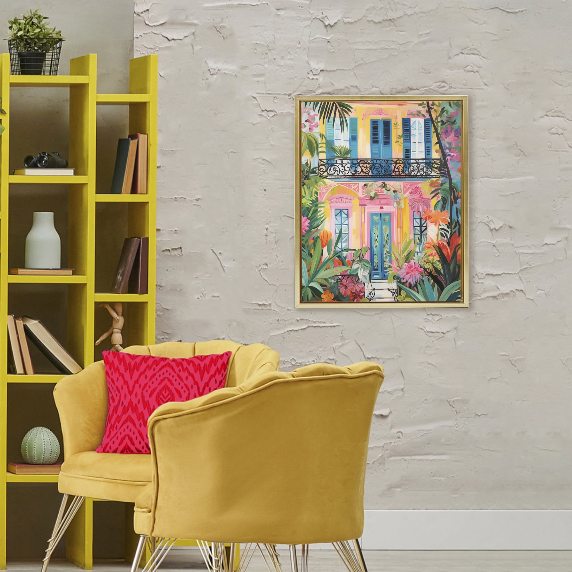 Stupell Industries Colorful Facade with Tropical Garden Gold Framed Floater Canvas Wall Art, design by LSR Design Studio