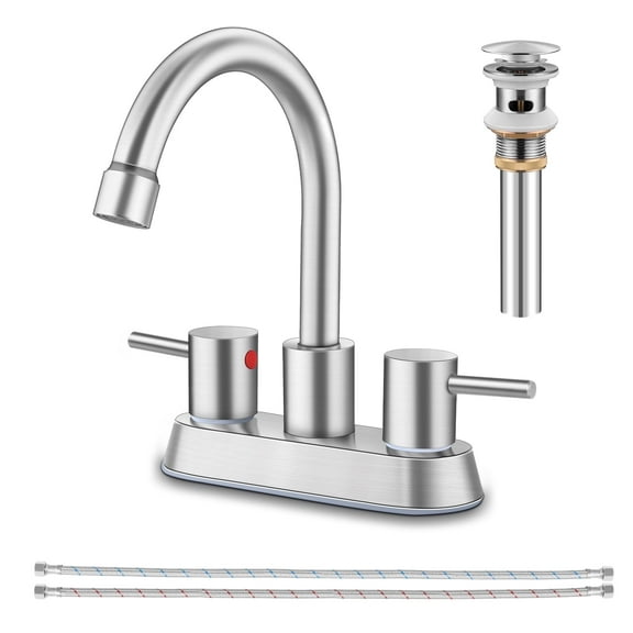 Vesteel 2-Handle Bathroom Faucet, 4 inch Stainless Steel Centerset Faucet with 360 Swivel Spout for Bathroom, Modern Bat Sink Faucet with Pop Up Sink Drain and Two Water Supply Lines