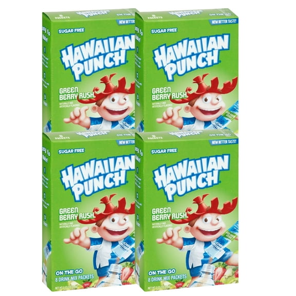 Hawaiian Punch  Singles To Go Powder Drink Mix, Green Berry Rush Flavored Drinks  Low-Calorie & Delicious Fruity Taste Water Enhancer Quick & Convenient Water Beverages (4 Boxes- 32 Total Servings)