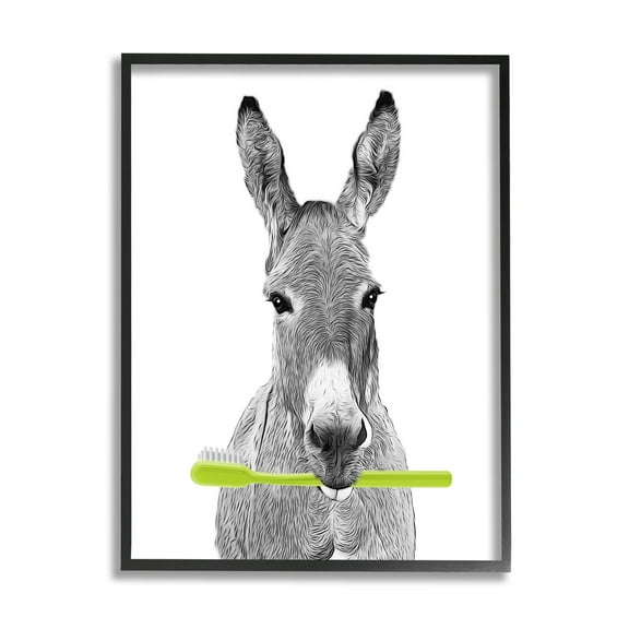 Stupell Industries Donkey Toothbrush Funny Animal Animals & Insects Painting Black Framed Art Print Wall Art
