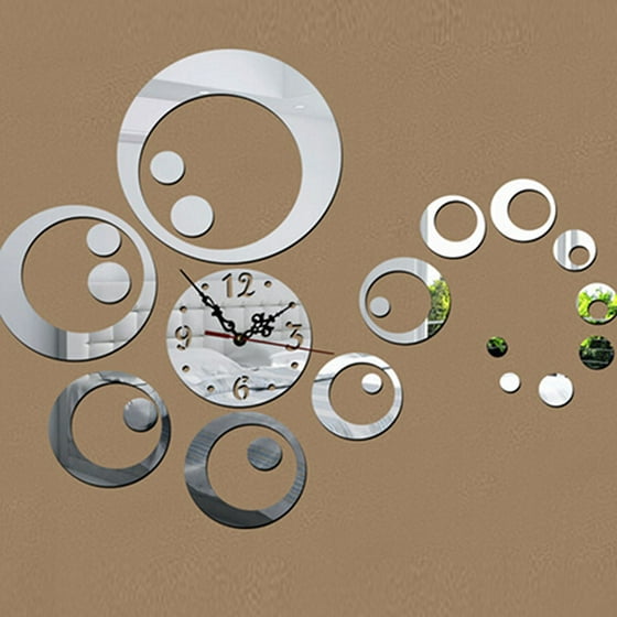 Circles 3d Modern Mirror Wall Clock Watches Sticker Decal Home Diy Decor Silver
