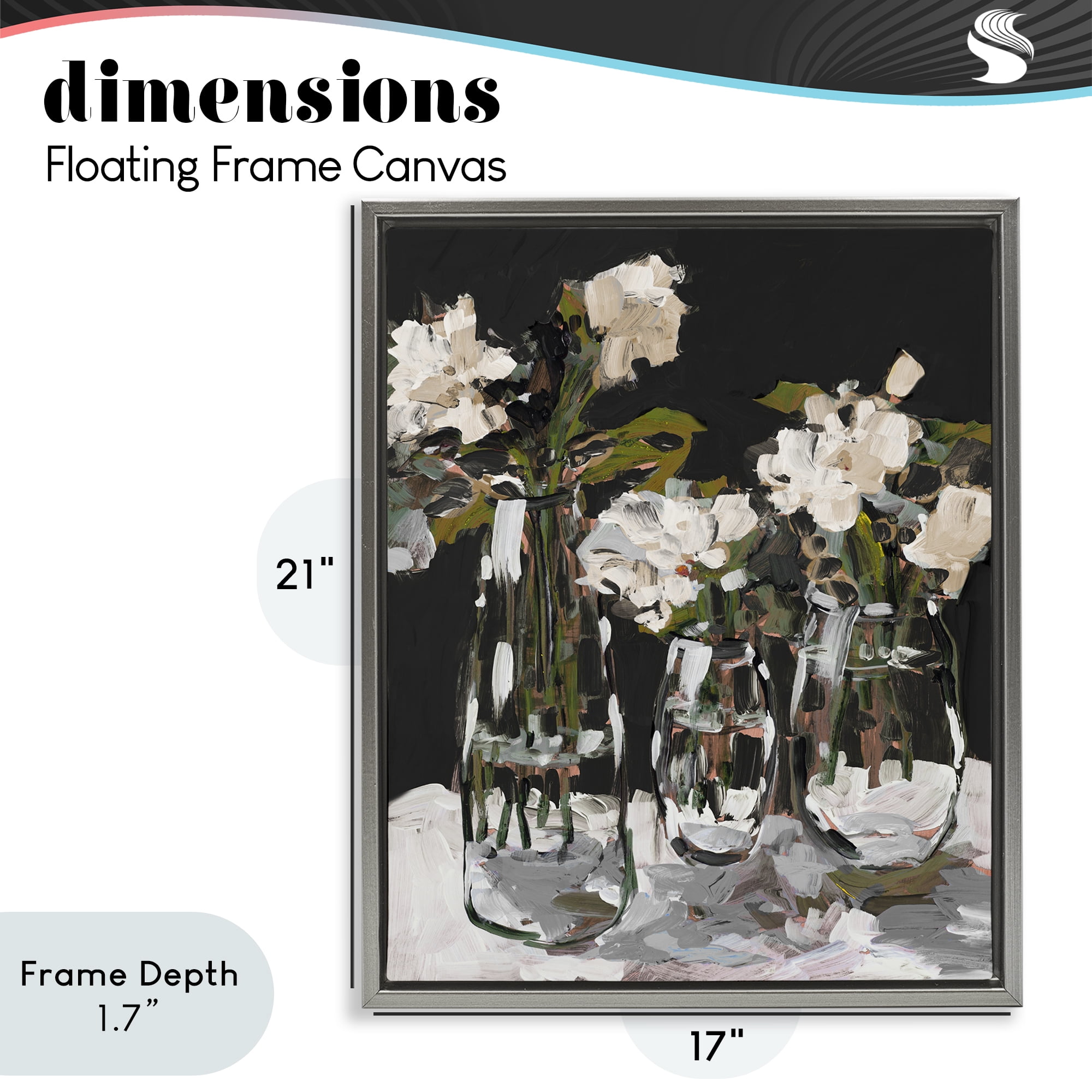 Stupell Industries Three Flower Vases on Black Gray Framed Floater Canvas Wall Art, design by Jane Slivka