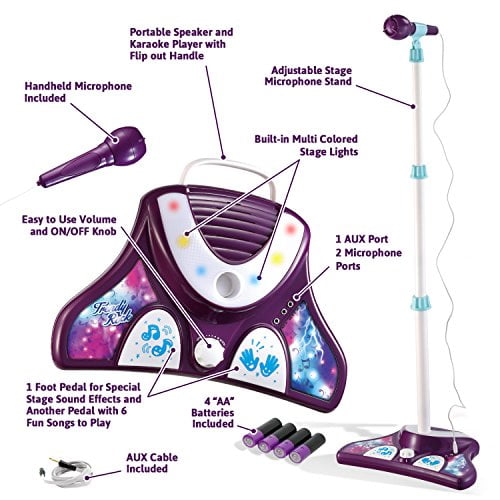 Adjustable Holder with Flashing Stage Lighting and Pedals Connect to Mobile Phone Single Microphone Karaoke Singing Childrens Musical Toy