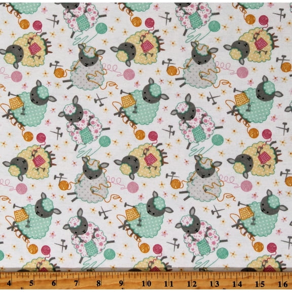 Flannel Multi-Colored Knitting Sheep on White Cotton Flannel Fabric Print by the Yard (13677-WHITE)