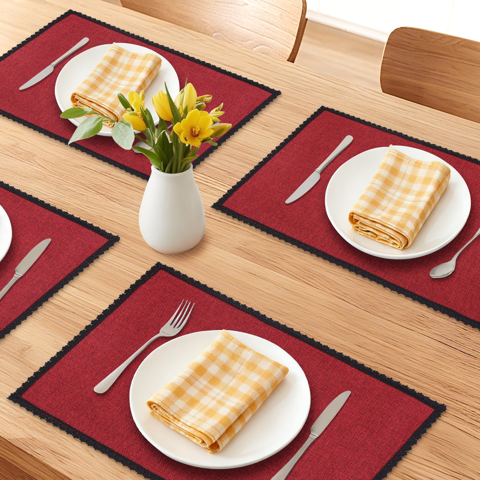 Unique Bargains Farmhouse Placemats 6pcs Cotton and Linen Burgundy 17.7"x11.8"