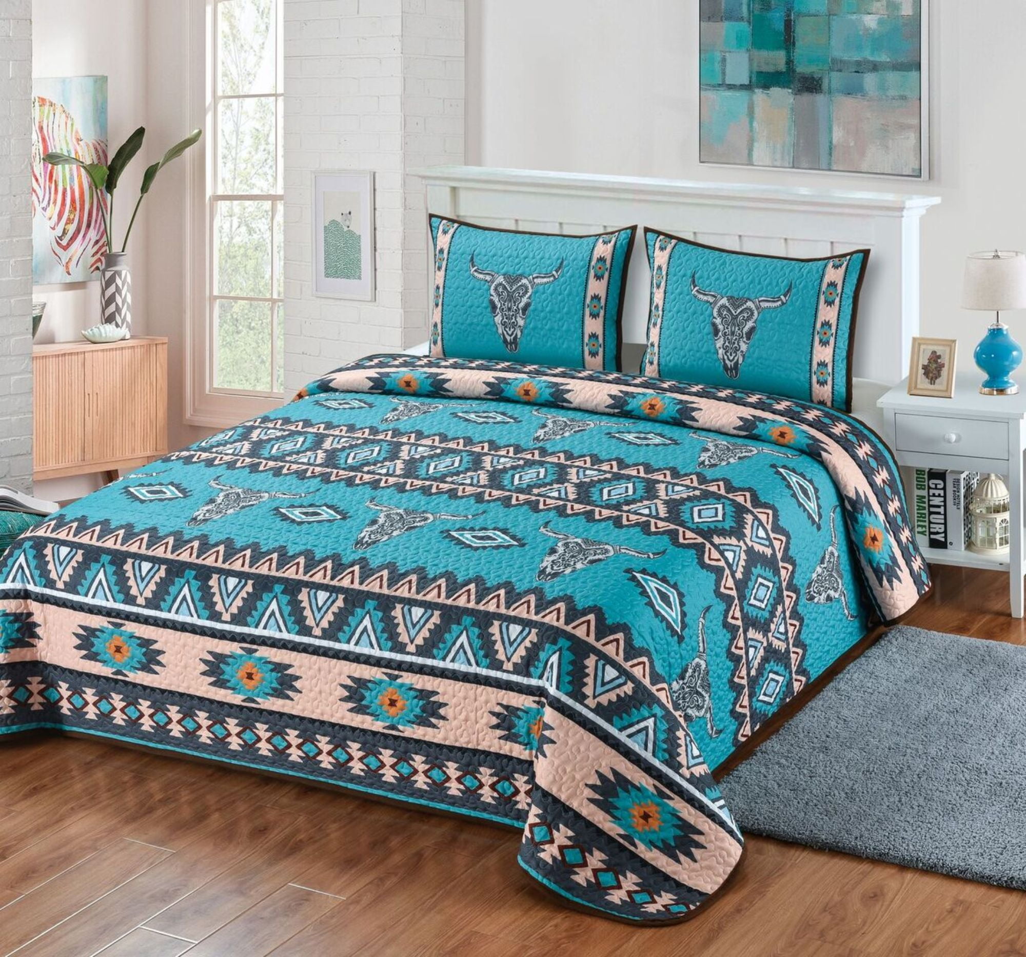 108" Blue and Pink Southwestern Boho Skull King Bedding Set Walmart
