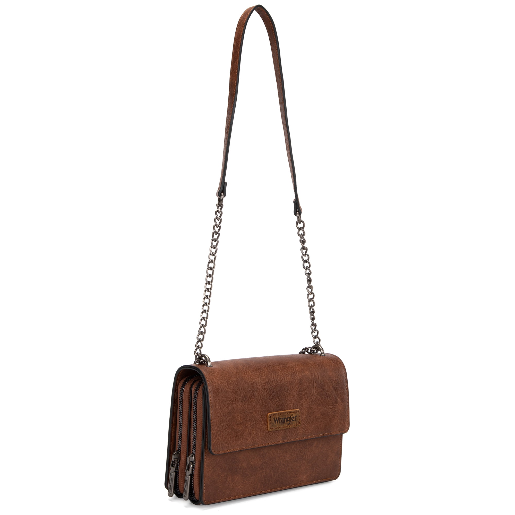 Wrangler Flap CrossBody Purse for Women Small Shoulder Bag with Chain Strap, Dark Brown