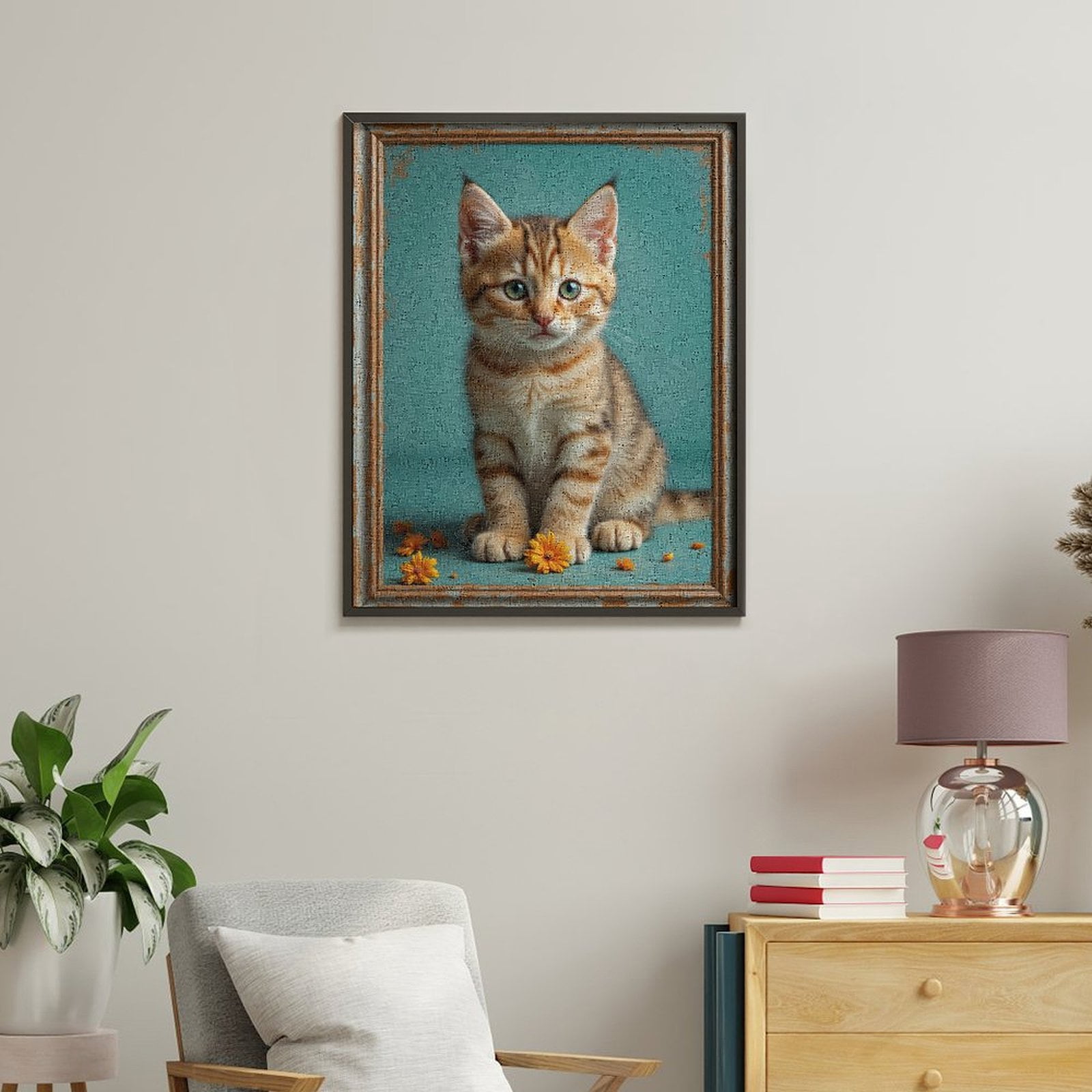Paint By Numbers Kit for Adults Beginner - Cute Kitten Orange Flowers Frame DIY Canvas Painting Kits for Adults, Frameless Paint By Number for Adults for Home Wall Decor 16x20 Inch