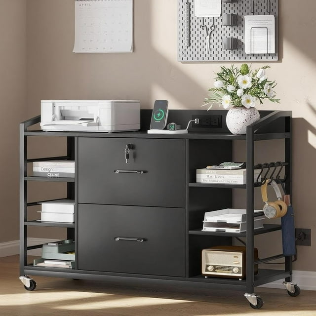 Archivero,Archivero con Llave con 2 cajones,Credenza y 6 Compartimentos Abiertos para Tamaño Carta A4, Soporte de Impresora para Oficina en Casa ,110 * 40 * 75CM (Negro)