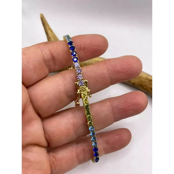 Radiant Jewelry 12Ct Rainbow Sapphire Tennis Bracelet for Women 14K Yellow Gold Plated 925 Sterling Silver 7" Bracelet