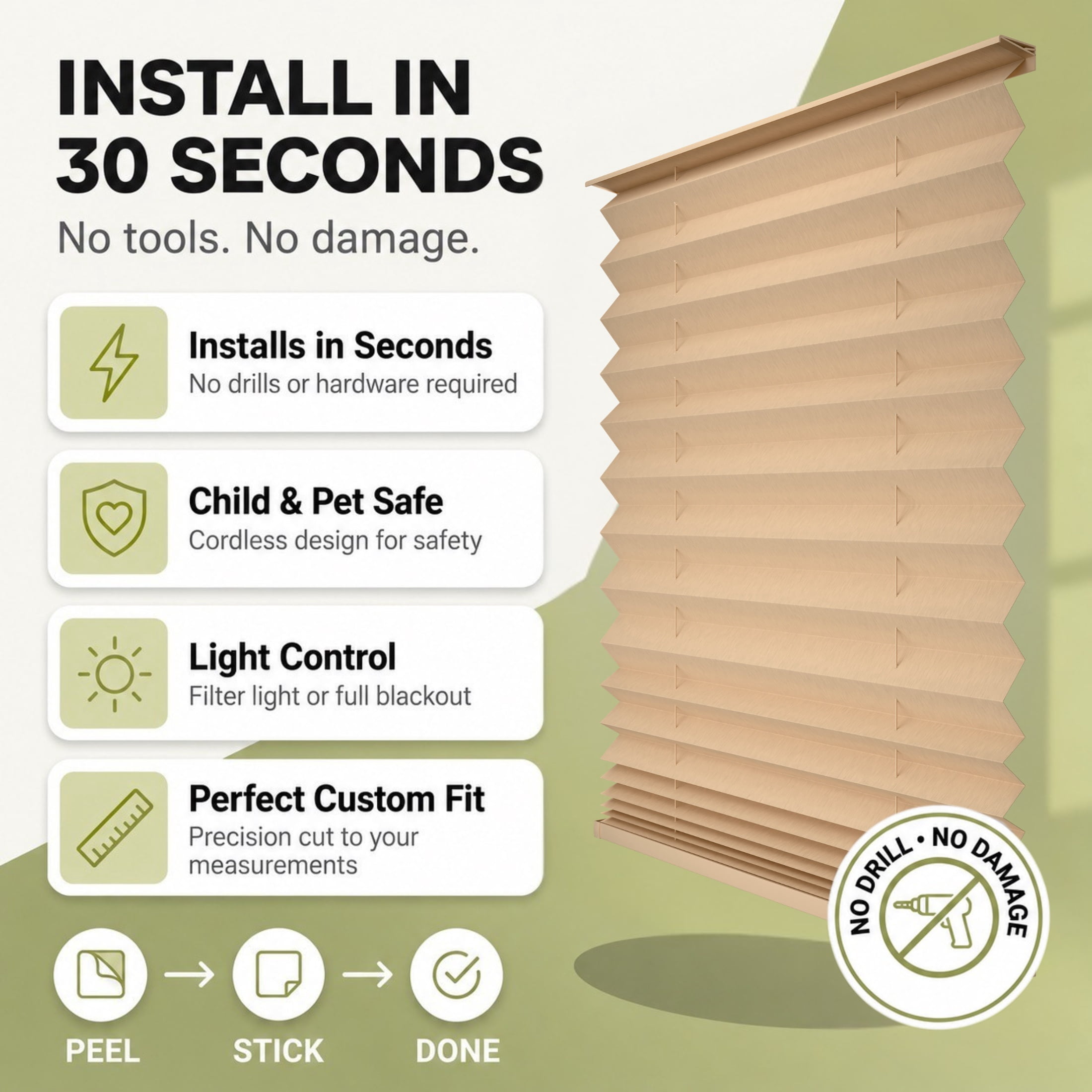 BlindsAvenue No-Drill Blackout Pleated Adhesive Shade- 33" W x 64" H - Tool-Free Installation, Cordless Blind for Windows, Beige