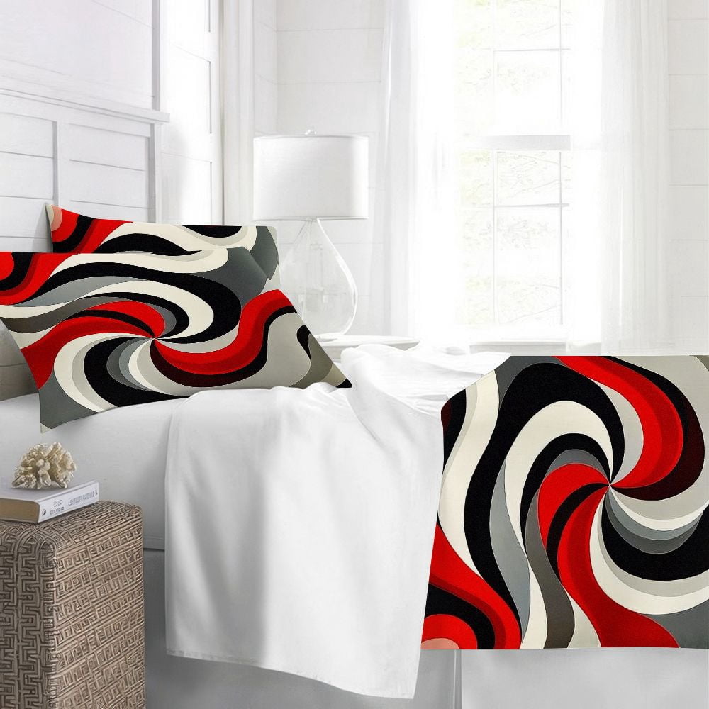 WNOOHIY Red Black White Gray Swirl Pattern 3Pcs Duvet Cover with Pillowcases, Queen/King