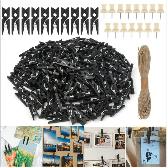 Wooden Clothes Pegs for Crafts, 200 Pack Black Mini Pegs with Jute Twine and Picture Pins for Creative Photo Wall, Party & Home Decoration
