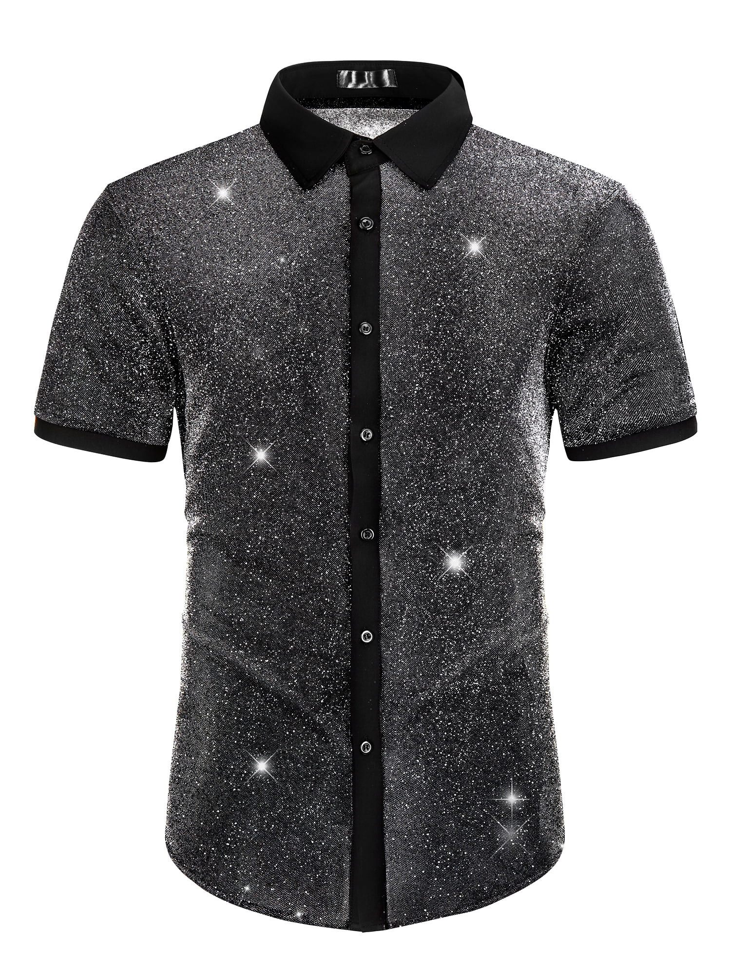 DARING DIVA Men's Metallic See Through Short Sleeves Disco Shiny Sheer Shirts M Silver