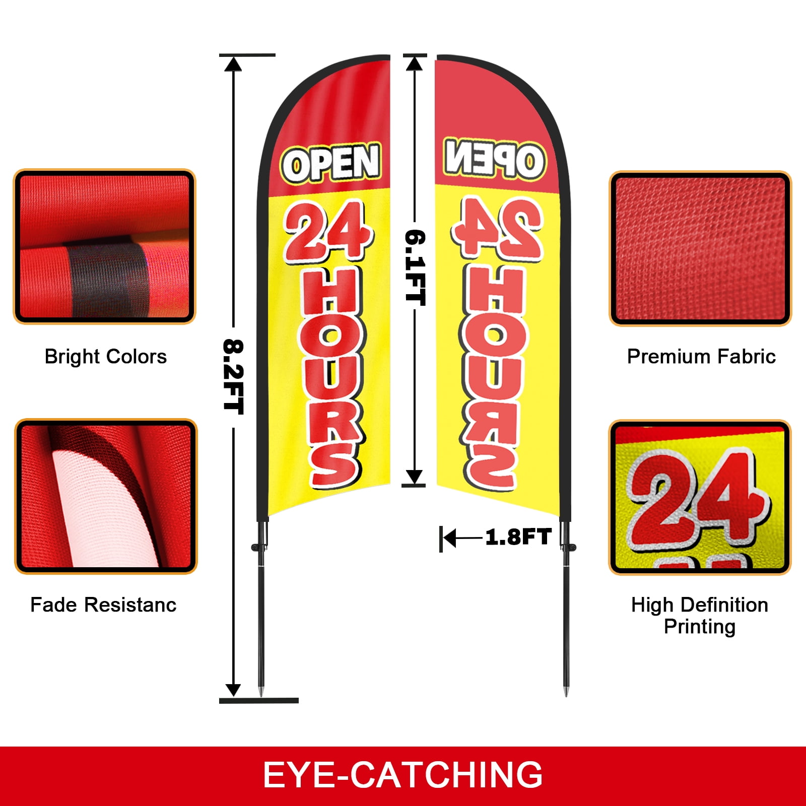 QSUM Open 24 Hours Feather Flag with Flag Pole Kit and Ground Spike, 8.2FT Open 24 Hours Windless Flag Banner Sign Business for Outdoor Advertising Sign Decoration Display