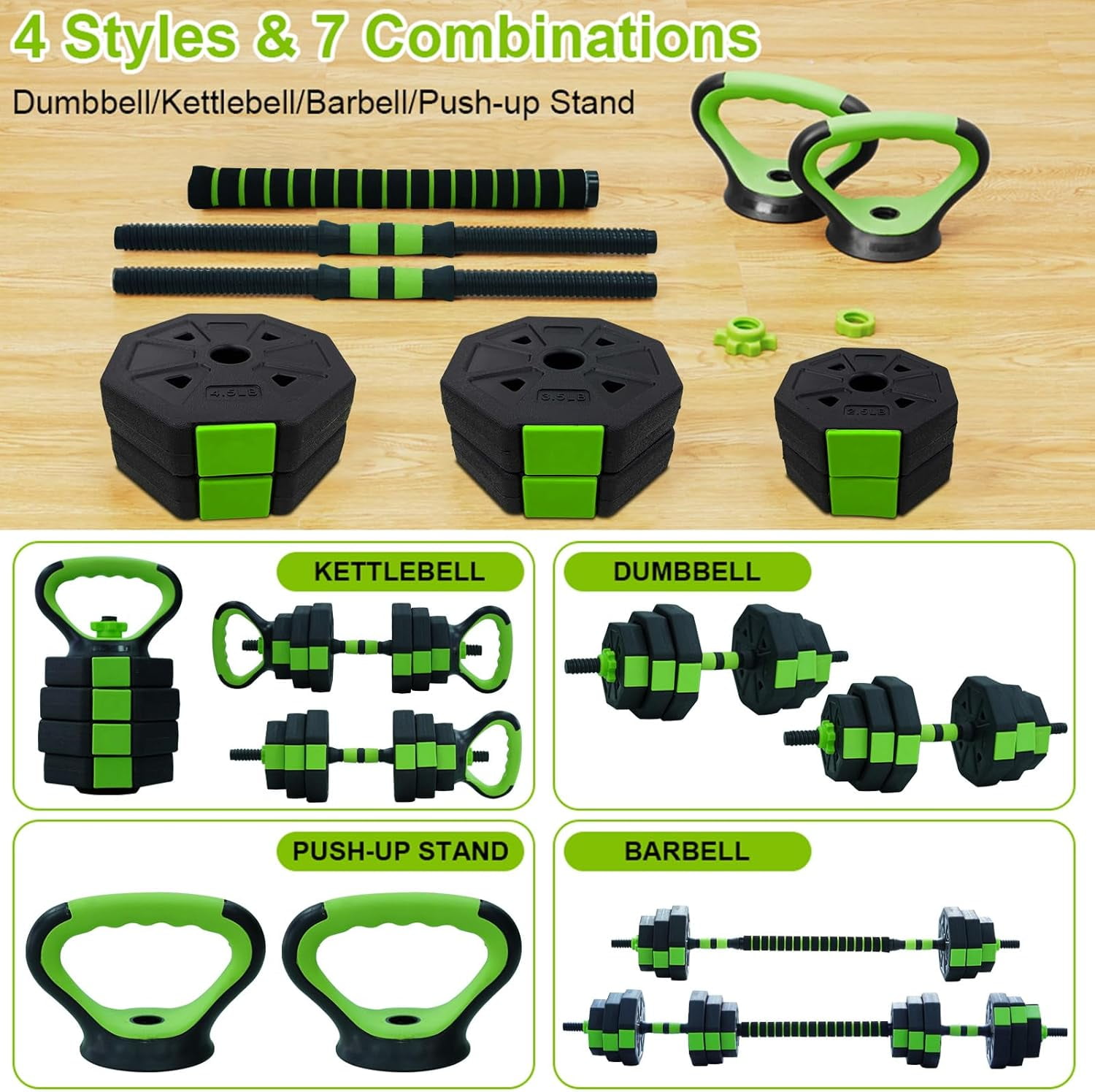 Adjustable Weight Dumbbell Set, 44LBS 4 in1 Dumbbells Set, Barbell Kettlebells Push Up Stand for Home Gym, Fitness Exercise Equipment for Men and Women Green One size