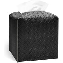 Tissue Box Cover Holder, Square Tissue Box Cover with Bottom Belt,PU Leather Decorative Organizer for Tabletop, Bathroom, Car, Office(Black,5.12inch)