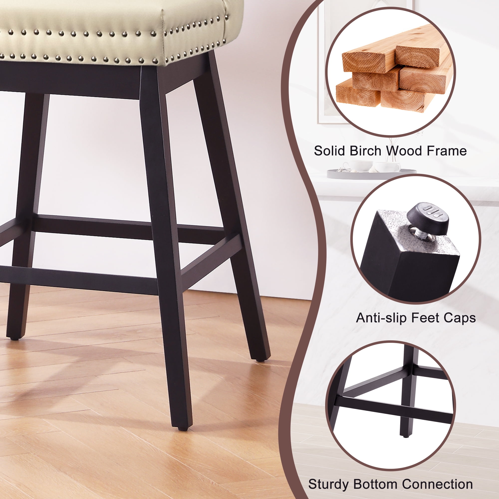 Tewloss 26" Swivel Bar Stools Leather Counter Height Chairs for Home Kitchen Dining, Beige
