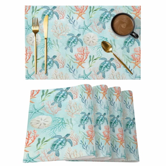 Placemats Set of 6, Teal Red Turtle Coastal Woven Placemat, Linen Place Mats for Kitchen/Dining Tables, Summer Beach Nautical Coral Starfish Washable Table Mats for Party