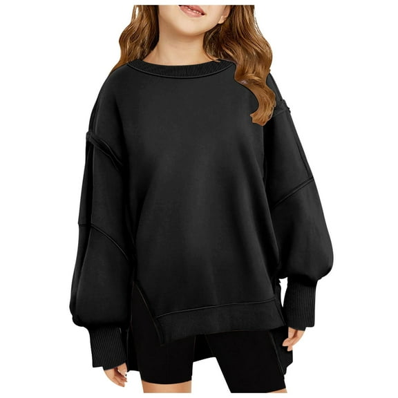 Tween Tops Girls Red Shirt Girls Crewneck Sweatshirt Long Sleeve Pullover Tops Drop Shoulder Sweatshirts Side Split Shirts Black 7-8 Years
