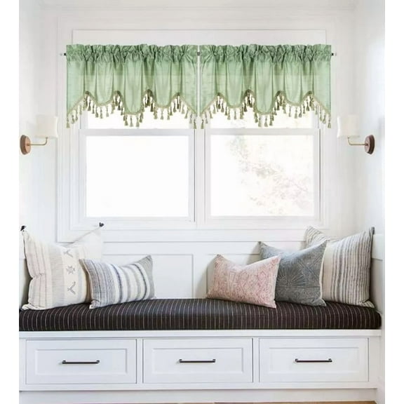 2-Piece Solid Faux Silk Waterfall Ascot Window Curtain Valance with Tassels Trim Rod Pocket 55" x 18" Wave