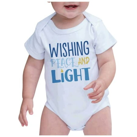 

7 ate 9 Apparel Kids Happy Hanukkah Shirts - Wishing Peace and Light - White Onepiece 3-6 Months
