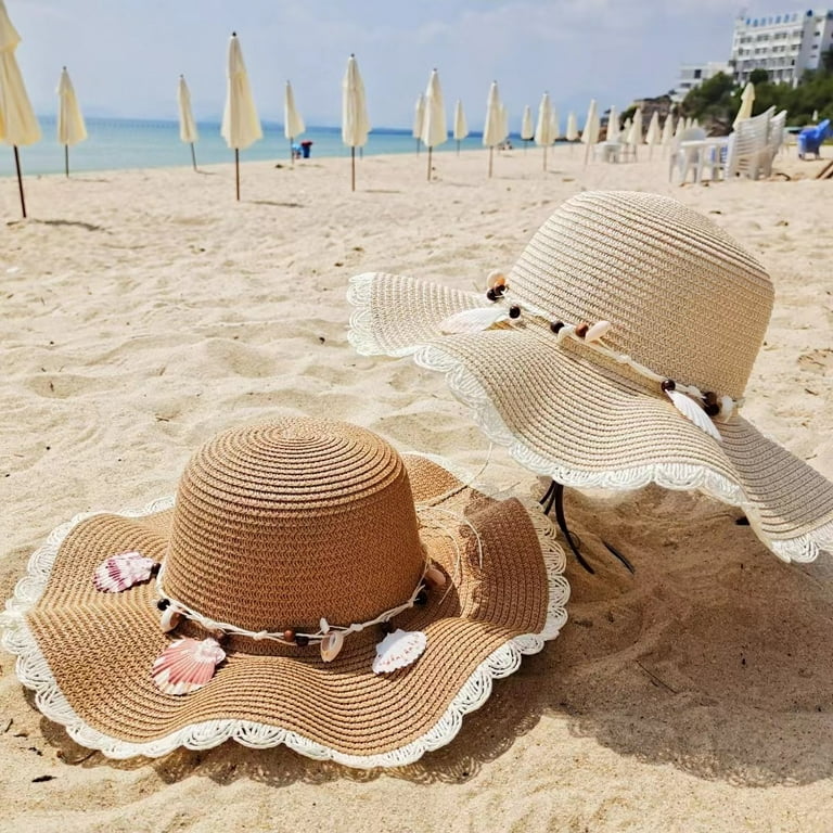 Sun Hats for Women Wide Brim Straw Hat Beach Protection Hat, Foldable  Packable Summer Shell Decoration Cap UPF 50+