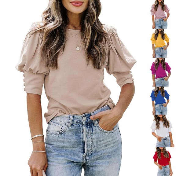 Puffy Sleeve T Shirts for Women Crewneck Loose Breathable Tee Casual Short Sleeve Summer Top Khaki M