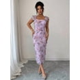 thumbnail image 6 of Mauve Purple Womens Elegant Ruched Floral Mesh Midi Dress With Square Neck And Short Puff Sleeves, 6 of 6