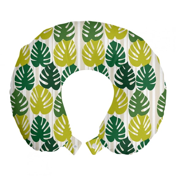 Tropical Travel Pillow Neck Rest, Monstera Leaves in Gradient Monochrome Tones Exotic Minimal Graphic, Memory Foam Traveling Accessory Airplane and Car, 12", Lime Green and Emerald, by Ambesonne