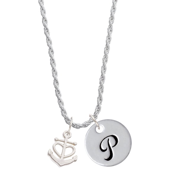 Delight Jewelry Silvertone Anchor with Heart Silvertone Script Initial Disc - P - Charm Necklace, 20"+3"
