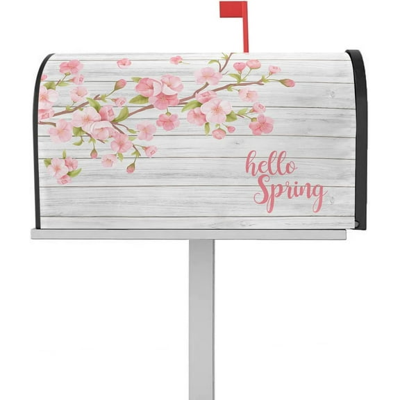 Magnetic Mailbox Cover, Hello Spring Pink Romantic Peach Blossom Wood Grain Mailbox Wraps Post Box Cover Garden Yard Outdoor Decor Standard Size 18x21 Inch