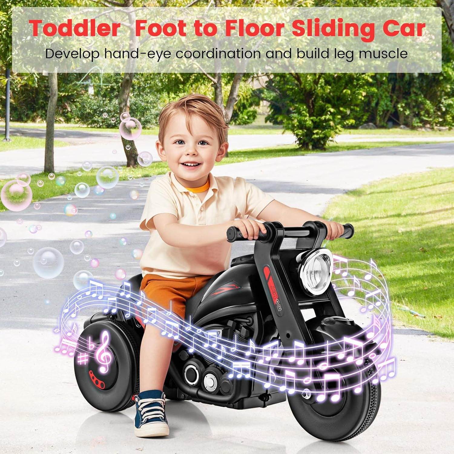 OLAKIDS Ride on Push Car, Foot-to-Floor Sliding Car for Toddlers Kids Motorcycle with Bubble Maker, Music, 3 Wheels Ride on Toys Gift for Boys Girls Aged 3-5 Years