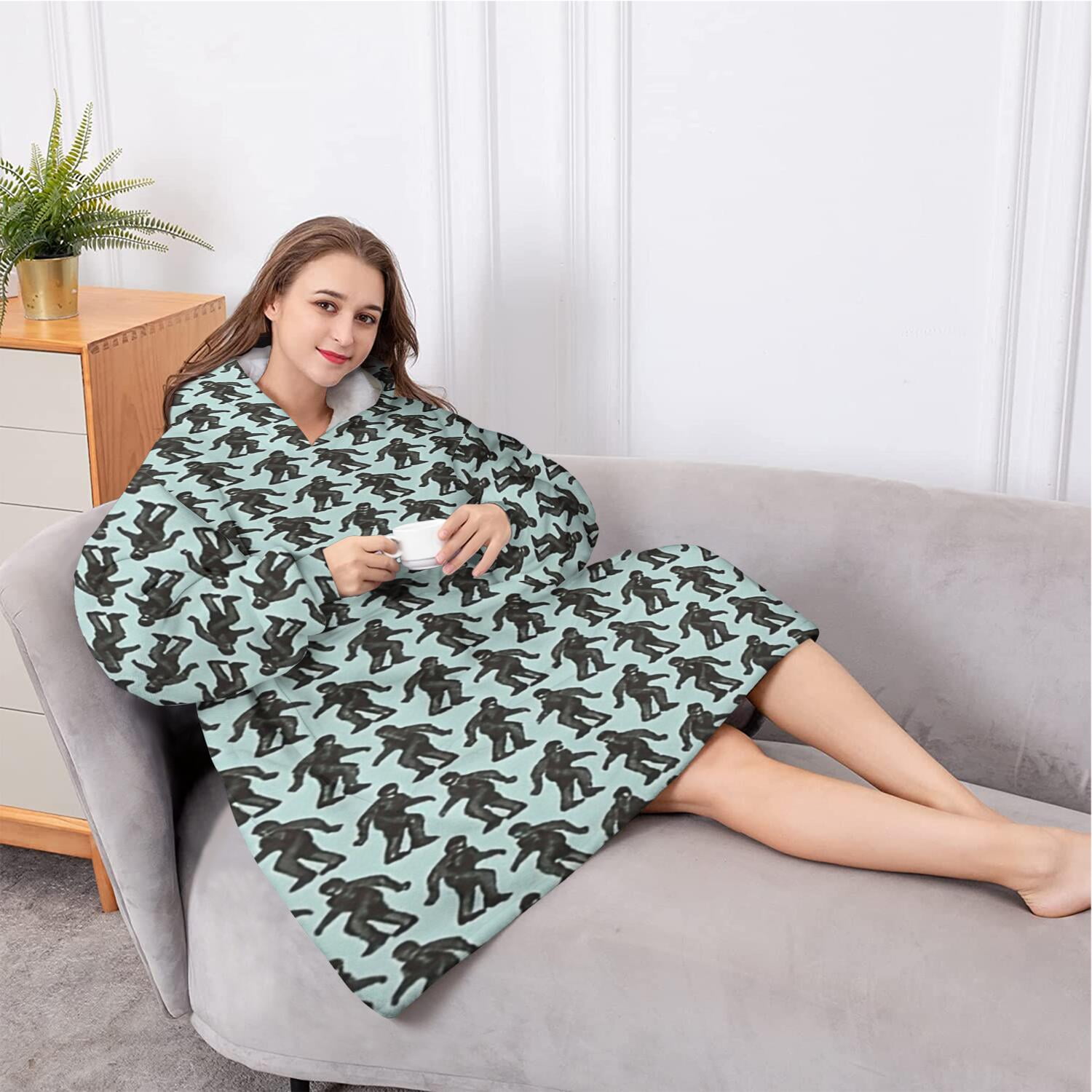 Oversized Wearable Blanket Hoodie,Blue Bigfoot Pattern Sherpa Blanket Hoodie with Super Pockets,Super Warm Fuzzy Pullover for Women & Men