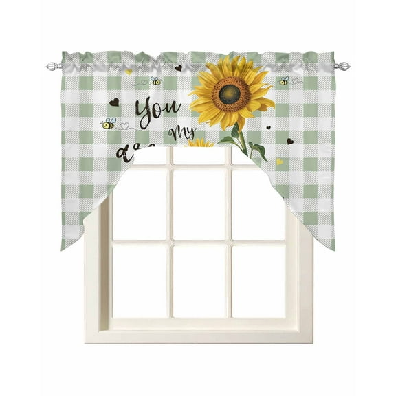 Sunflowers Farmhouse Kitchen Swag Valances for Windows, Sage Green Plaid Pastoral Rustic Swag Valances Curtains for Living Room, Rod Pocket Window Treatments for Bathroom, Bedroom, Cafe, 56"x36"