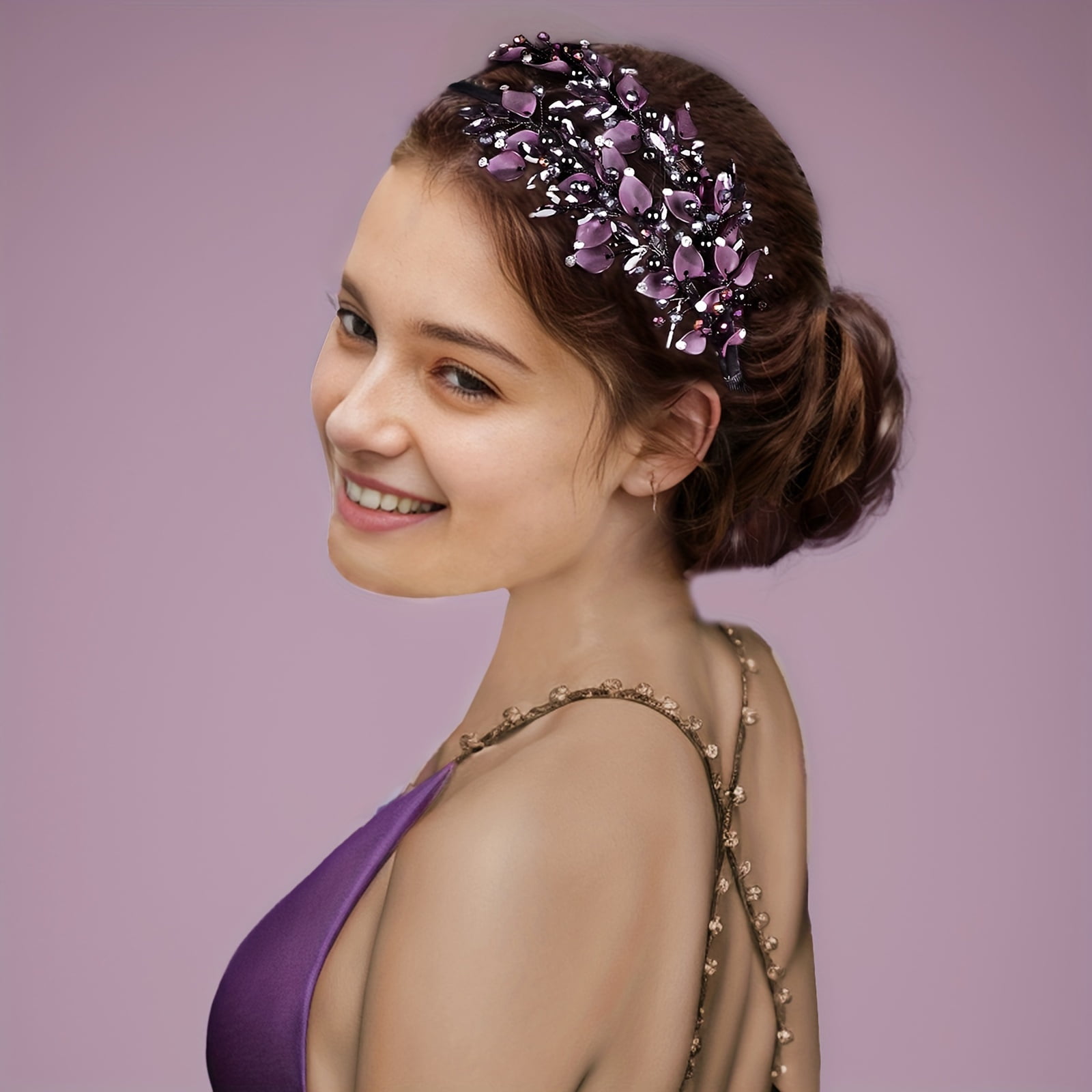 A stylish double-layered headband, designed for women, features purple polymer clay leaf patterns and rhinestones, making it the perfect accessory for photoshohoots and everyday wear.