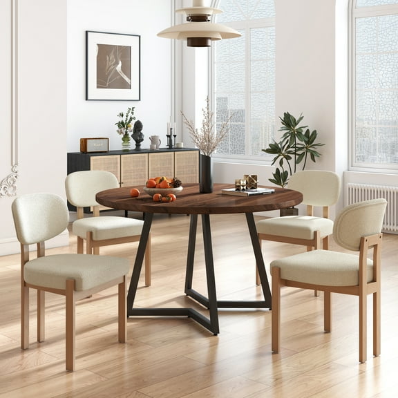 KATBOC Dining Table and Chairs Set, 47in Round Solid Walnut Table with 4 Mid-Century Upholstered Chairs, Scratch-Resistant, Ergonomic, Seats 6, for Dining Room Kitchen Farmhouse, Dark Brown &Beige