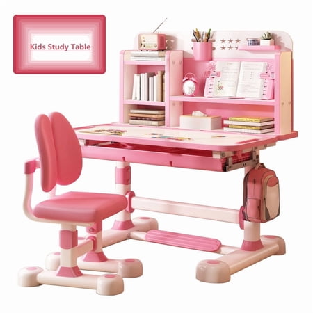 Kids Adjustable Height Study Desk Set Kids Table and Chairs Children School Study Homework Desk with Til table Desktop & Bookshelf Ideal Gifts for Boys Girls 8-12 Bedroom Pink