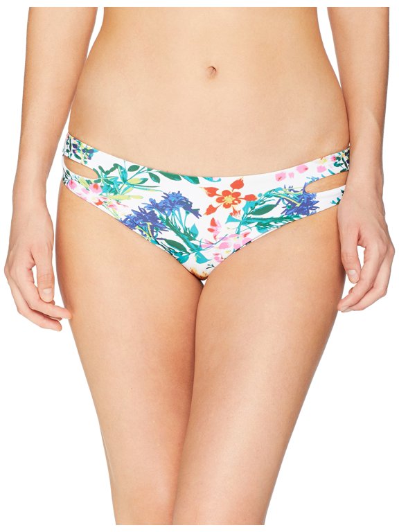Women's Standard Solid Softly Love Reversible 70s Bikini Bottom, Bright White Floral Soiree, S