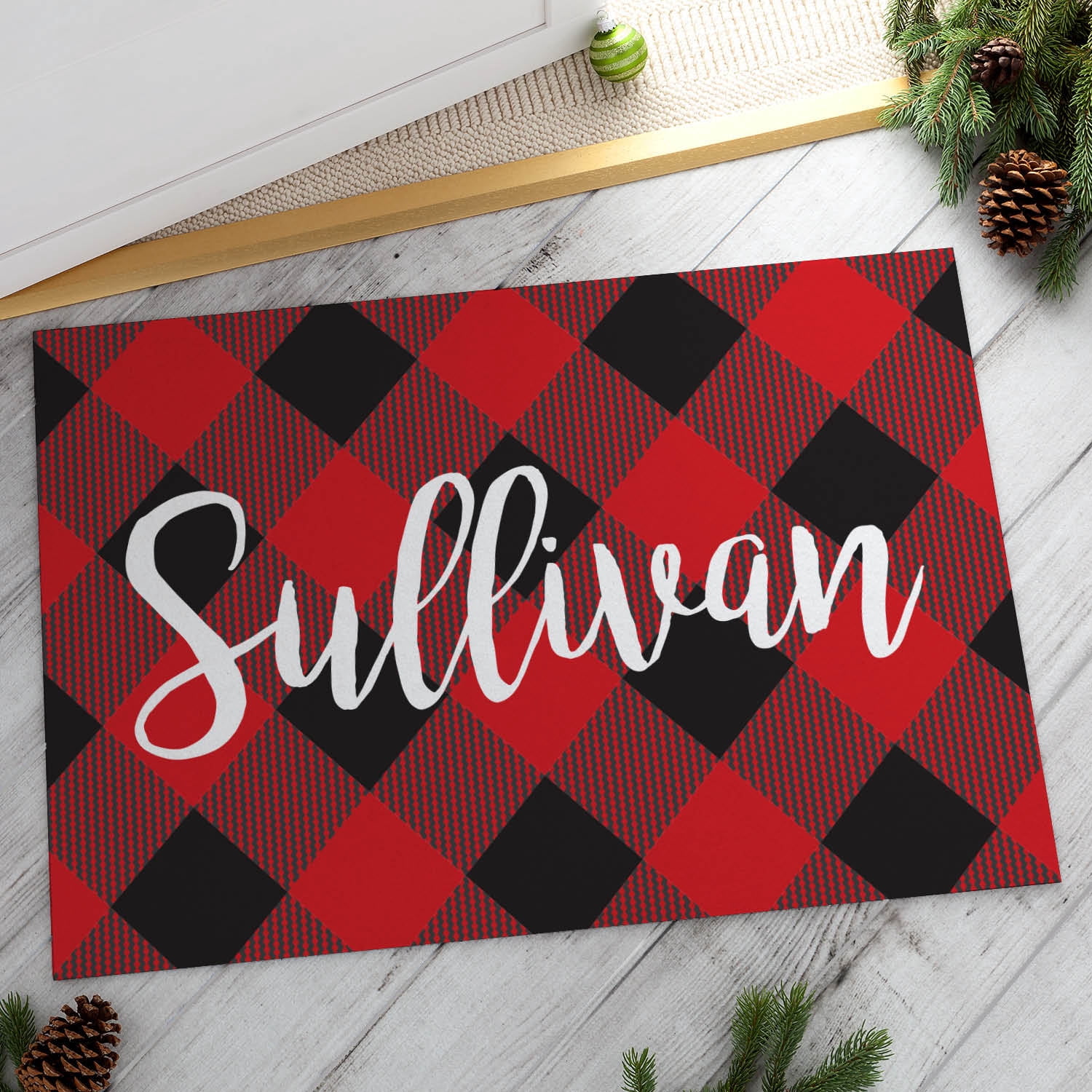 Personalized Planet 27x18 Holiday Plaid Doormat with Custom Name Printed on Red and Black Rectangular 1/4” Thick Non Slip Mat for Kitchen Hallway Deck or Porch