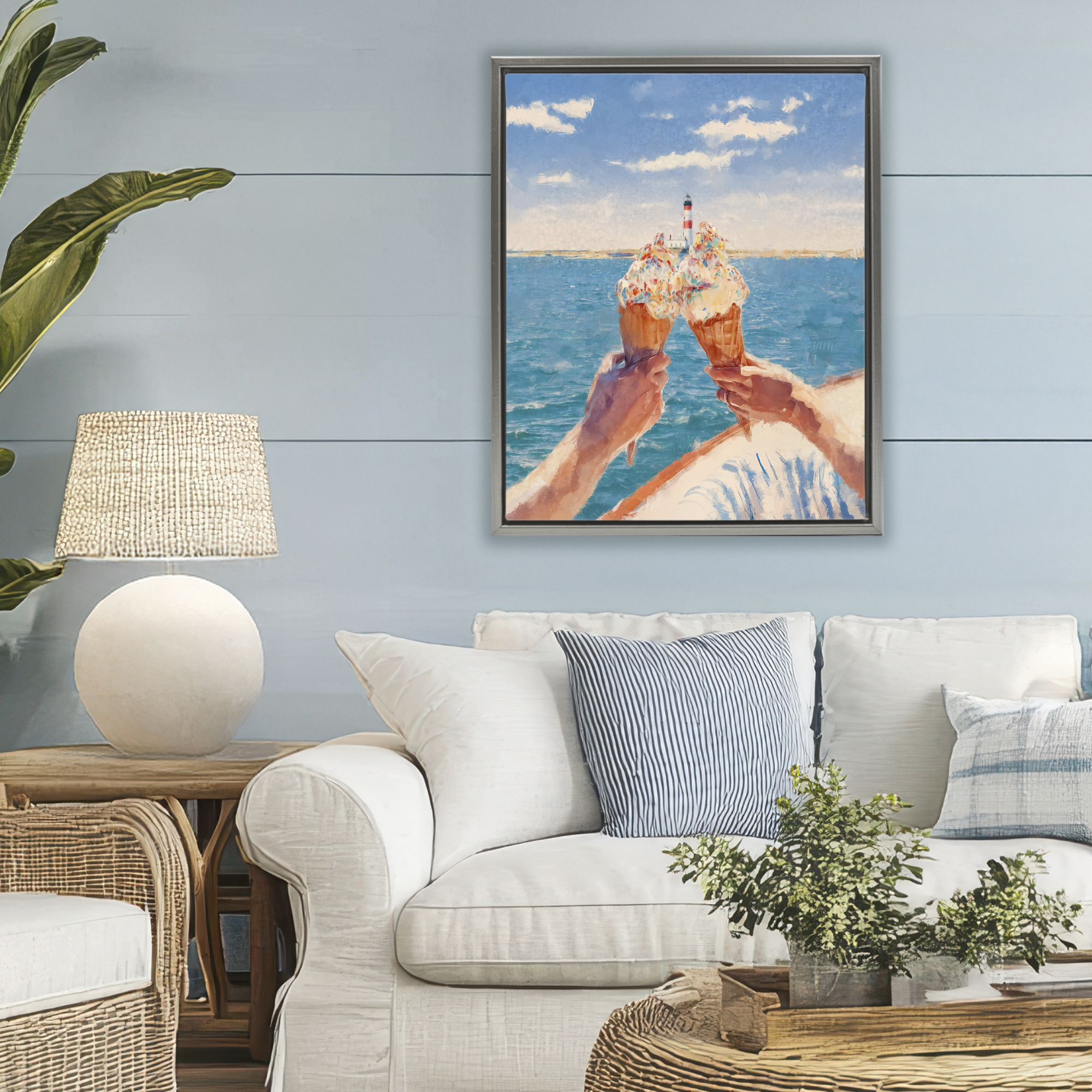 Ice Cream Cheers on Boat Gray Framed Floater Canvas Wall Art, design by Ziwei Li