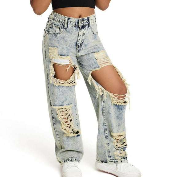 Kids Girls Baggy Jeans High Waist Ripped Wide-Leg Palazzo Denim Pants Teen Girl Clothes Girls Baggy Jeans Size 10-11 Years Girls Fashion