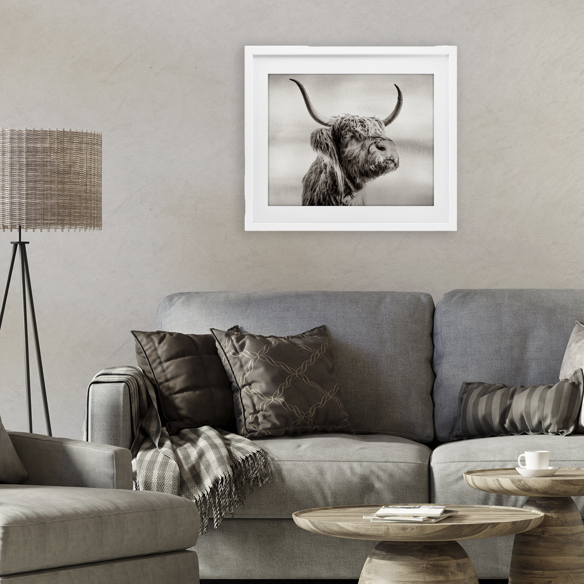Stupell Industries Horned Highland Cow Gazing White Framed Print Under Glass, design by Julia Frost