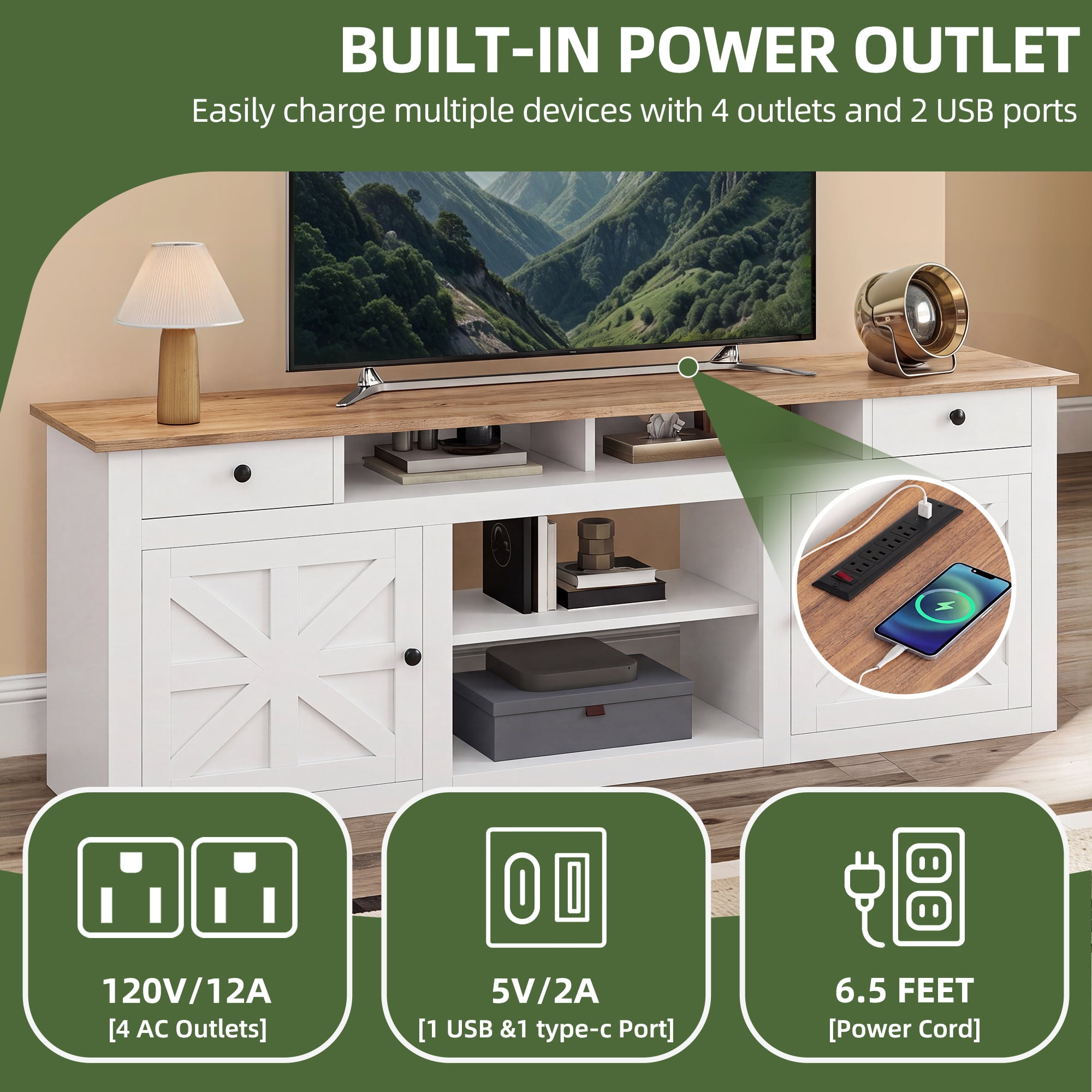 Uforic Farmhouse TV Stand for 75/80 Inch TV, Rustic Entertainment Center with Power Outlet, Storage Drawers, TV Console for Living Room, White