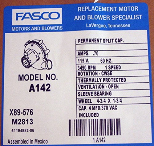 115V 3,450 rpm 60 Hz 1/20HP Fasco A142 3.3 Frame Permanent Split Capacitor OEM Replacement Specific Purpose Blower with Sleeve Bearing 0.7 amps